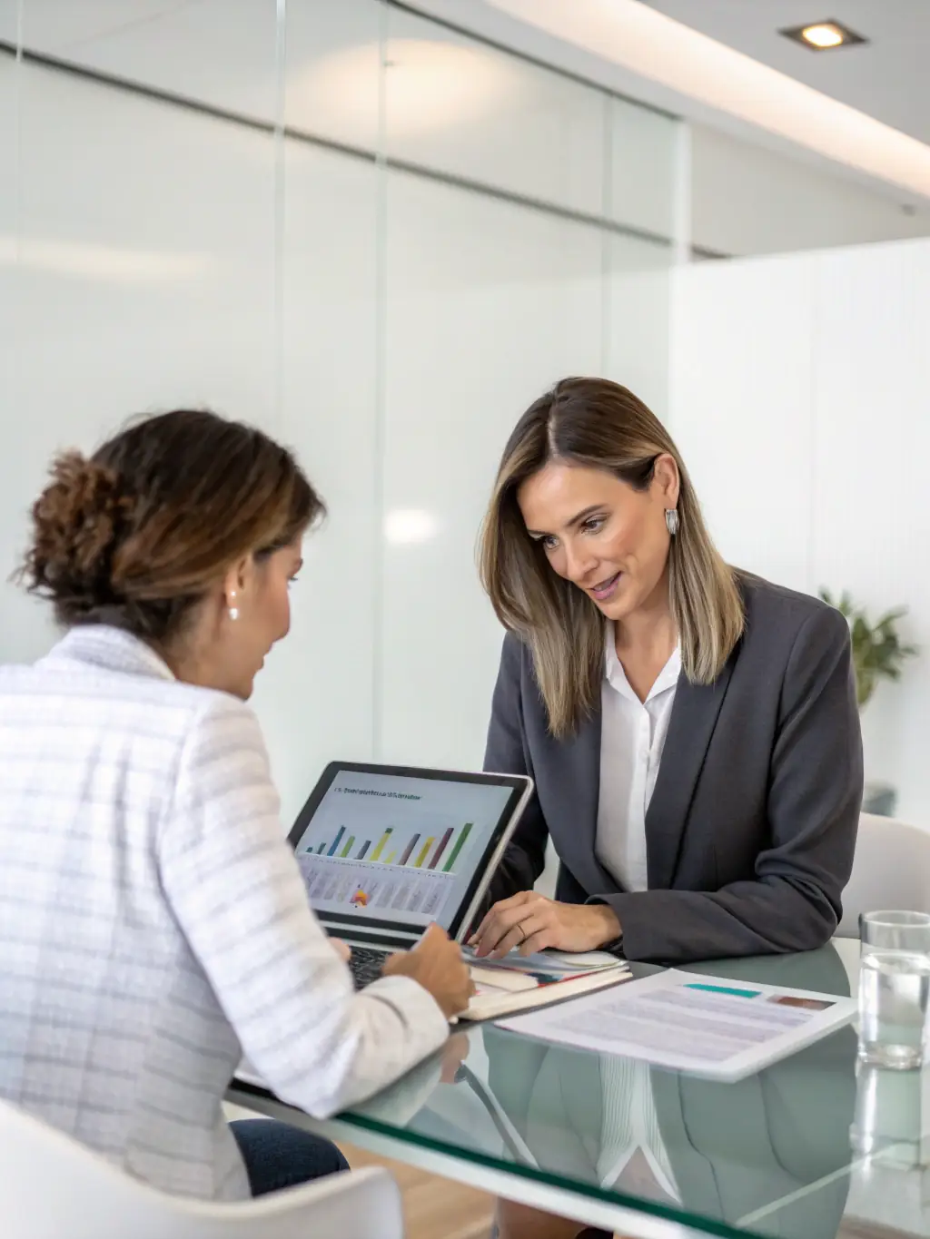 A professional coach guiding a client through a career planning session, using charts and graphs to illustrate potential career paths in the UK market.